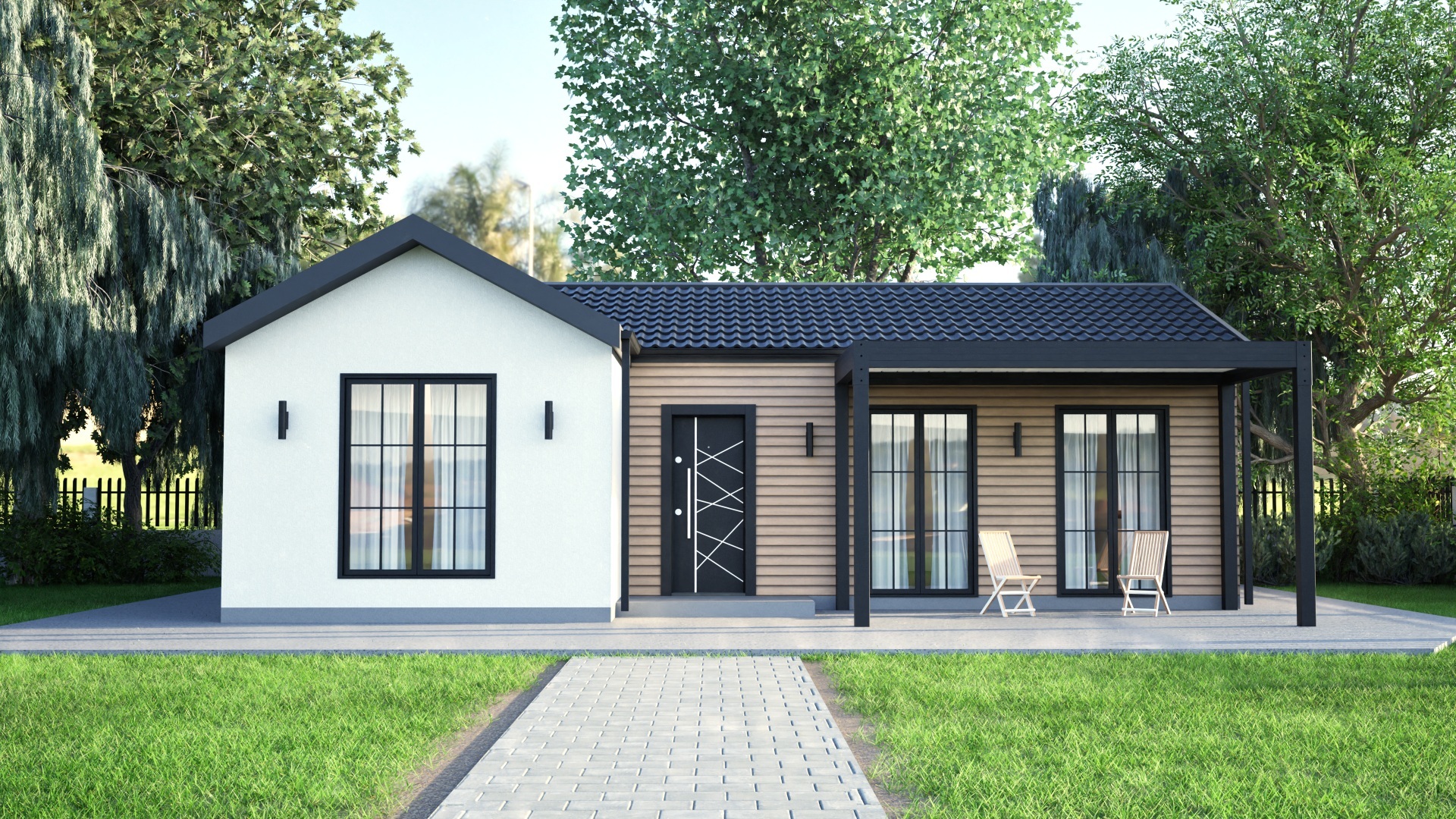 90 m² hafif çelik villa render
